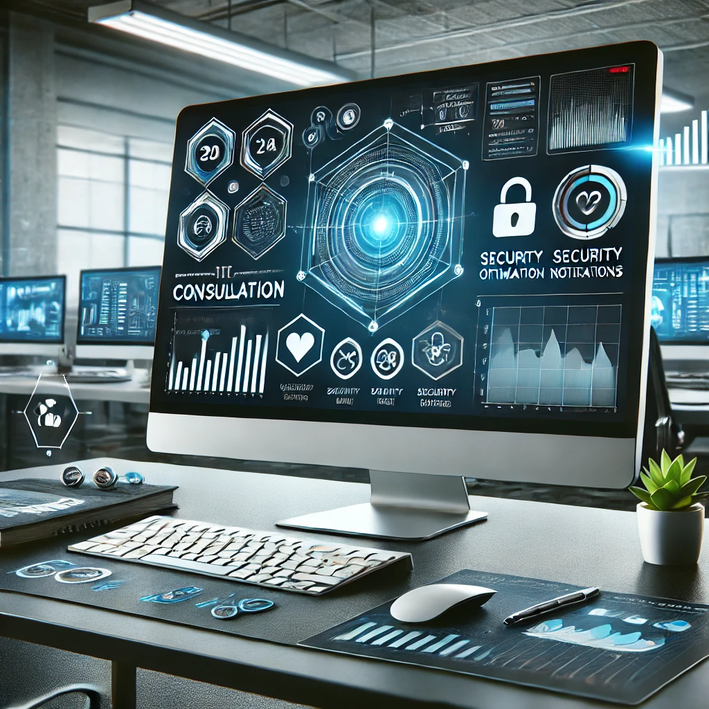 DALL·E 2024 11 28 20.03.25 Create a professional product image for the service IT Consultation. The image should feature a virtual dashboard with graphs metrics and security